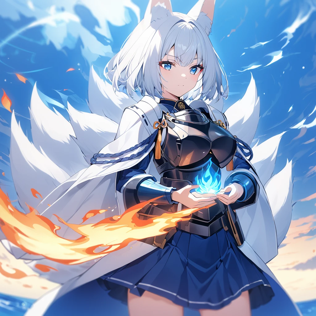 A woman wearing heavy blue armor with white trim, long white fur cape, samurai shoulder pad, metal samurai breastplate, metal boots, samurai bracelet, large breasts, blue flames on hands, blue flames, blue aura of flames, blue eyes emitting flames, white hair, short hair kitsune ear, kitsune tail, multi tail, large white fox in the background, wide sea view
