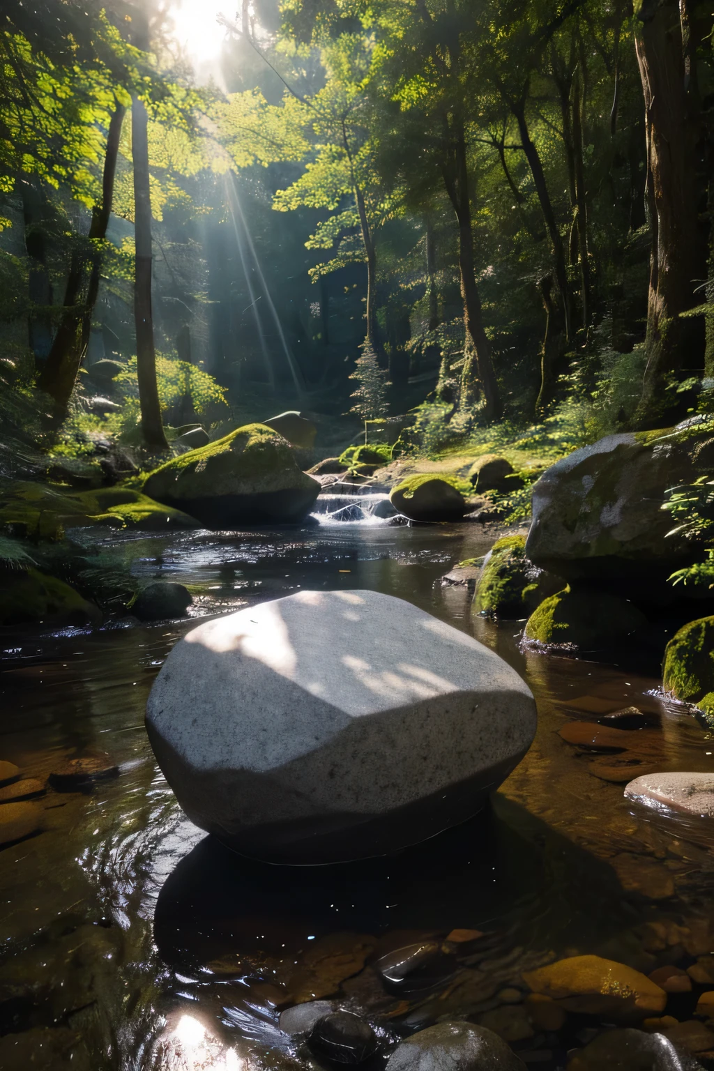 A huge stone in the forest. A light shines on the stone.