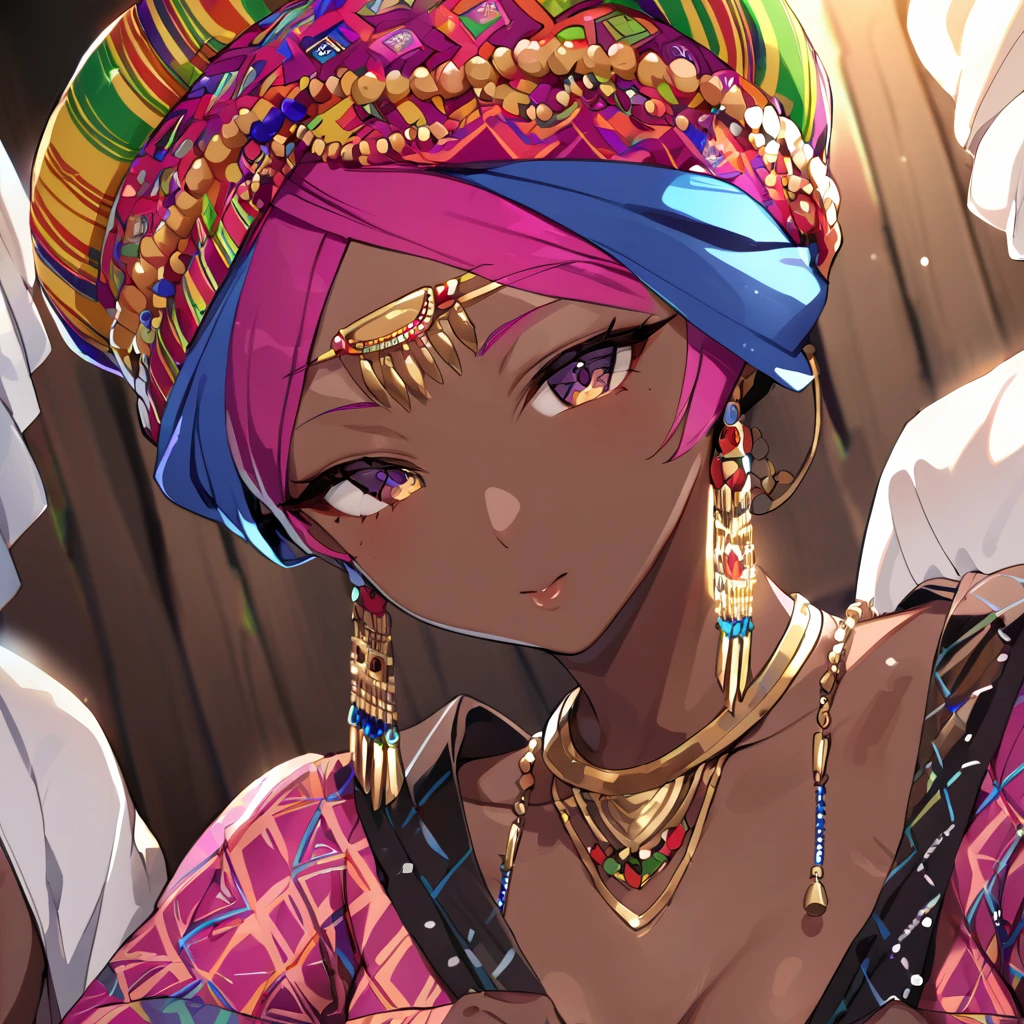 ((Highest quality)), ((masterpiece)), (detailed), （Perfect Face）、The woman is Momo Belia Deviluke, a Ghanaian by birth, with a vibrant dark skin, black by birth, and is wearing a vibrant Ghanaian dress, a vibrant turban head scarf, gorgeous jeweled accessories, and an engagement ring.、The woman is the elegant Momo Belia Deviluke, with short pink bob hair, wearing a colorful Ghanaian dress and a colorful turban head scarf, with vivid dark brown skin, a natural-born black and Ghanaian, Momo Belia Deviluke.、（The woman is a black Ghanaian with vivid dark brown skin.）、The woman is raising children and doing village work with other village girls in her village in Ghana.