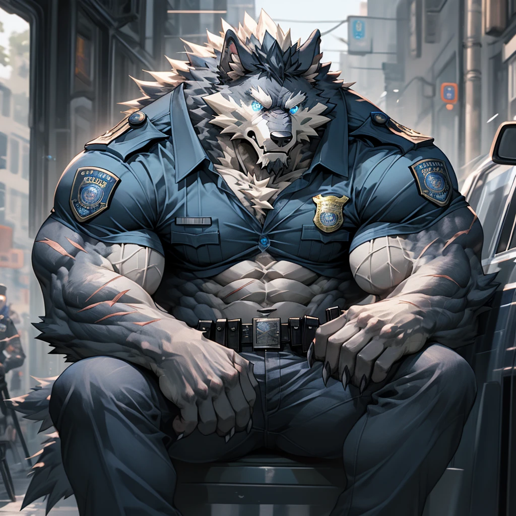 Sitting in police car with muscular police officer serious face（scars in the face）Mature （blue eyes）Huge muscle ripped abs wild，Wild Werewolf Police Officer