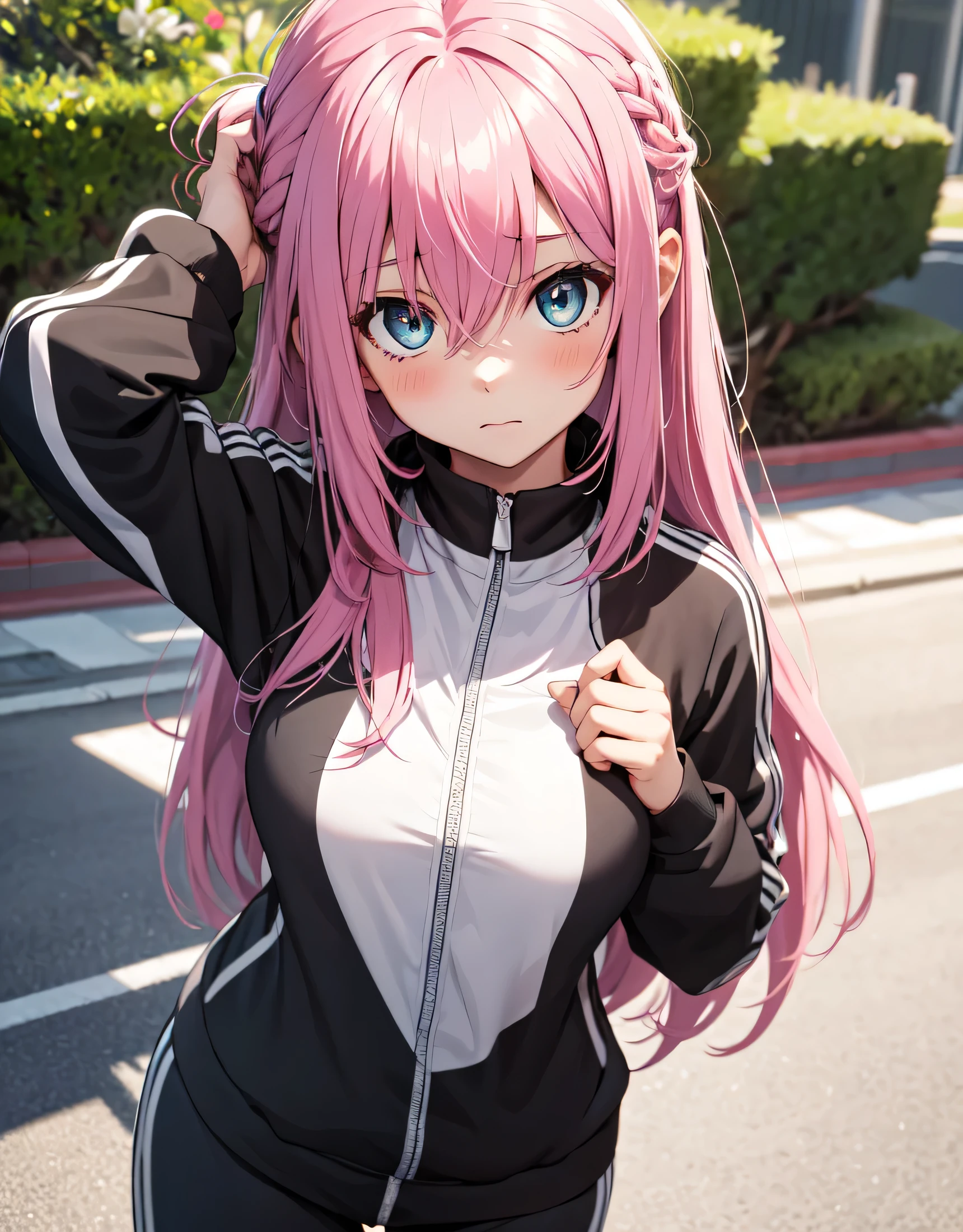 (work of art), 1 girl, pixel, hitori gotou, blue colored eyes, hair between the eyes, pink hair, Braided hair, long hair, track suit, black track suit, suprised, blush, shock, curious, plein-air