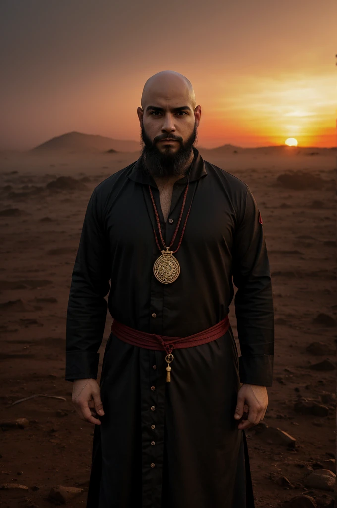 Extremely pale 30 year old Chilean Latin bald man, beautiful, with padlock beard, profiled and combed, athletic mesomorphic complexion, Hindu black long tunic dress, body from head to thighs, with red fog and dark background, red dust all over the thick environment. day image, dark sunset,