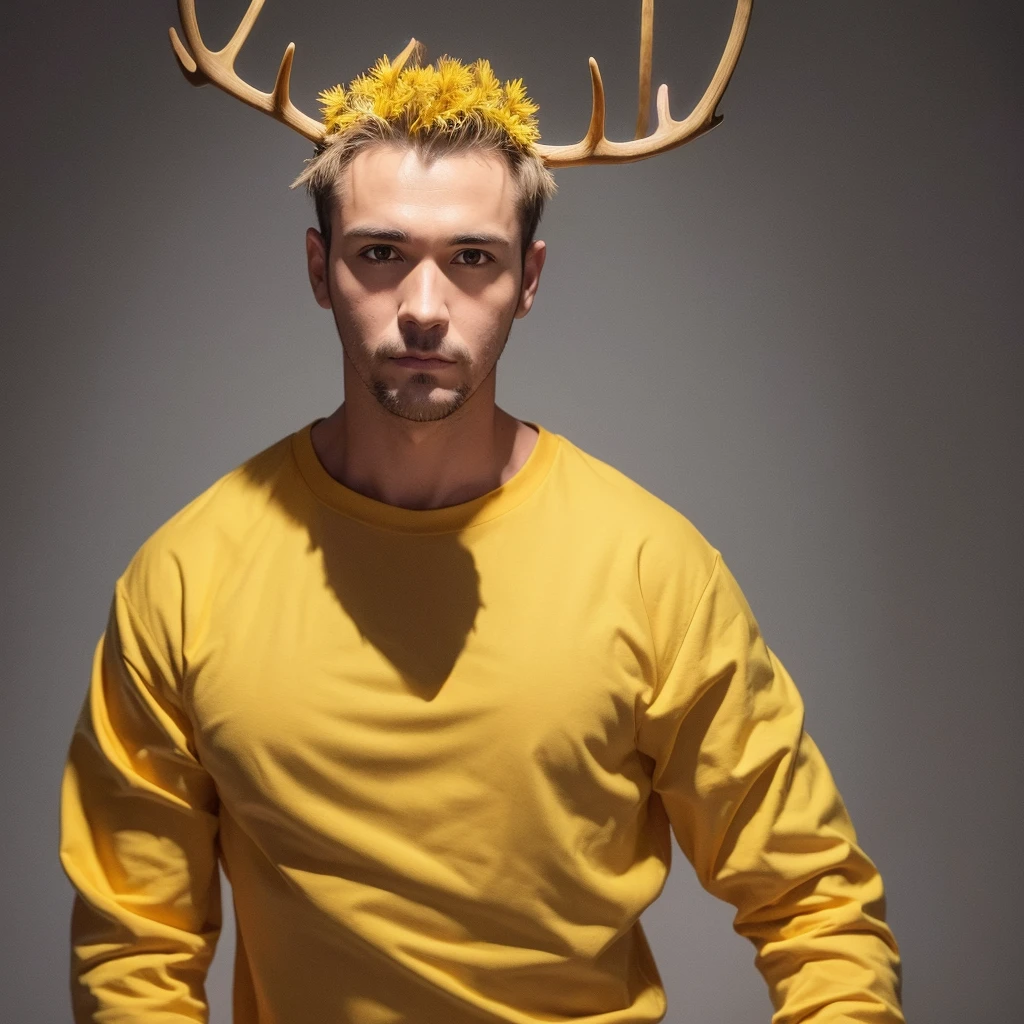 Generate an image of a male entertainer with a serious expression, standing upright and facing directly forward in a chest-up portrait style, resembling a passport photo. He is wearing yellow clothing and has antlers growing from his head. Ensure the background is simple to highlight his presence.