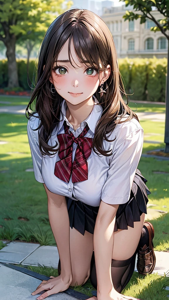 (masterpiece:1.2, top-quality), (realistic, photorealistic:1.4), beautiful illustration, (natural side lighting, movie lighting), 
looking at viewer, cowboy shot, front view:0.6, 1 girl, japanese, high school girl, perfect face, cute and symmetrical face, shiny skin, 
(long hair:1.8, straight hair:1.7, light brown hair), parted bangs, emerald green eyes, long eye lasher, (large breasts:0.9, thick thighs), 
beautiful hair, beautiful face, beautiful detailed eyes, beautiful clavicle, beautiful body, beautiful chest, beautiful thigh, beautiful legs, beautiful fingers, 
((, white collared shirts, black pleated mini skirt, black socks, brown loafers, red bow tie)), break, hoop ring earrings, pink panties, dark blue violet cardigan, break,
(beautiful scenery),
In a grassy field, a girl is on all fours, a big dog is holding her back from behind, and the dog and the girl are mating in the rear position.
Her face is bright red and flushed, her mouth is open, and she looks like she is about to cry.
She is wearing a very short skirt.
