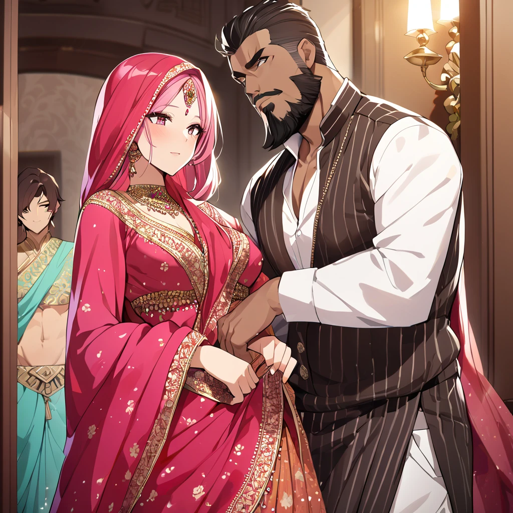 ((Highest quality)), ((masterpiece)), (detailed), (Perfect Face)、The woman is a Hindu Indian named Momo Belia Deviluke with vivid brown skin and a red bindi on her forehead. She is wearing a gorgeous and dazzling traditional Indian wedding dress, a colorful sari, a gorgeous and colorful thottu, a colorful hijab, a bindi, a gorgeous hair ornament, gorgeous jeweled accessories, and an engagement ring, in a luxurious Indian mansion. The woman and the man are in a luxurious palace, and the woman is being held by a middle-aged Indian man with a muscular beard and wearing Indian traditional clothing, who is showing off his gorgeously dressed and beautiful wife to others, as he brags about her.、The woman is an elegant Momo Belia Deviluke with pink hair, short bob hair, wearing a colorful sari and a colorful hijab, bright brown skin, a red bindi on her forehead, and a Hindu Indian Momo Belia Deviluke.、(The woman is Momo Belia Deviluke, a dark-skinned Indian.)、The man is a dignified, muscular, bearded, middle-aged Hindu Indian man wearing traditional Indian clothing.