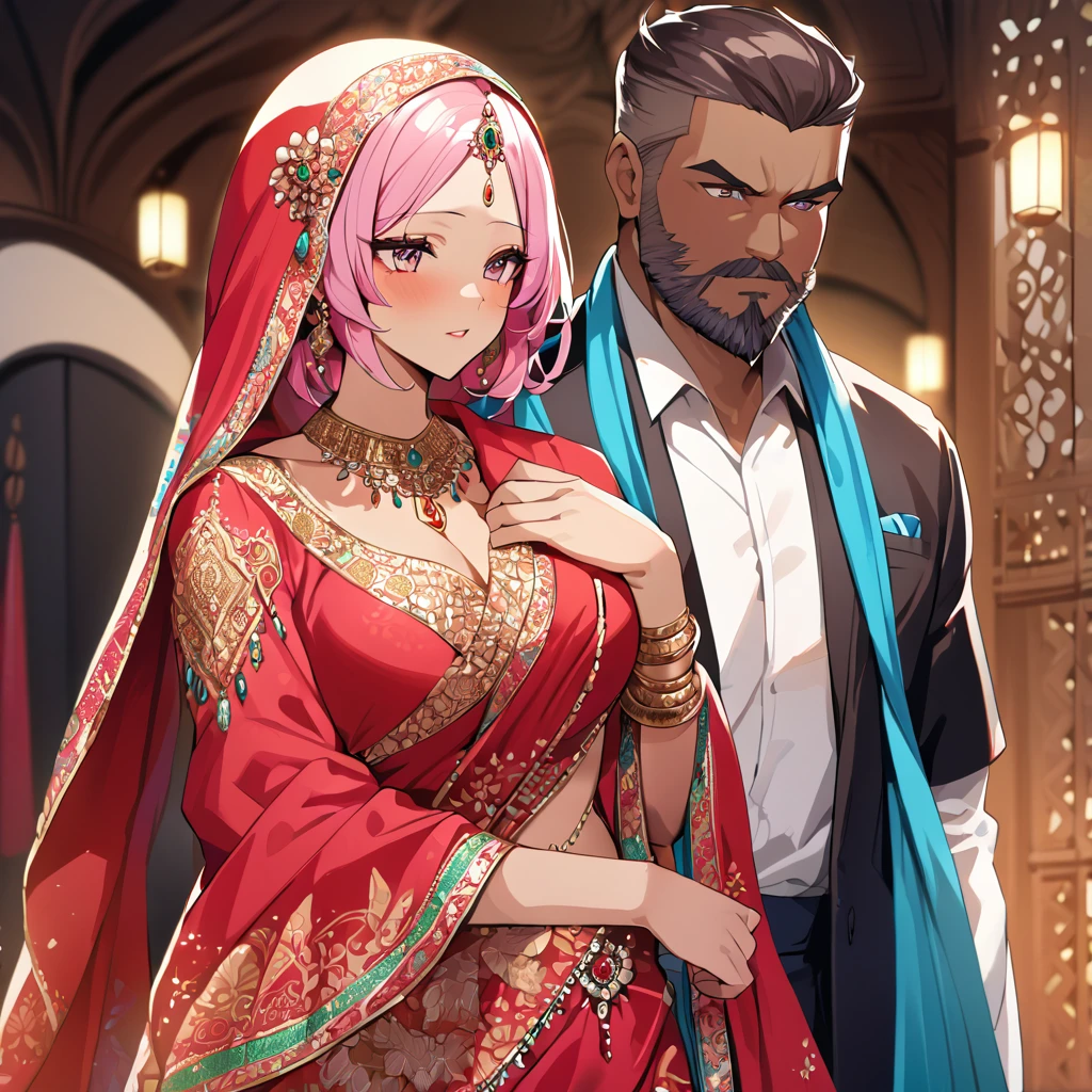 ((Highest quality)), ((masterpiece)), (detailed), (Perfect Face)、The woman is a Hindu Indian named Momo Belia Deviluke with vivid brown skin and a red bindi on her forehead. She is wearing a gorgeous and dazzling traditional Indian wedding dress, a colorful sari, a gorgeous and colorful thottu, a colorful hijab, a bindi, a gorgeous hair ornament, gorgeous jeweled accessories, and an engagement ring, in a luxurious Indian mansion. The woman and the man are in a luxurious palace, and the woman is being held by a middle-aged Indian man with a muscular beard and wearing Indian traditional clothing, who is showing off his gorgeously dressed and beautiful wife to others, as he brags about her.、The woman is an elegant Momo Belia Deviluke with pink hair, short bob hair, wearing a colorful sari and a colorful hijab, bright brown skin, a red bindi on her forehead, and a Hindu Indian Momo Belia Deviluke.、(The woman is Momo Belia Deviluke, a dark-skinned Indian.)、The man is a dignified, muscular, bearded, middle-aged Hindu Indian man wearing traditional Indian clothing.