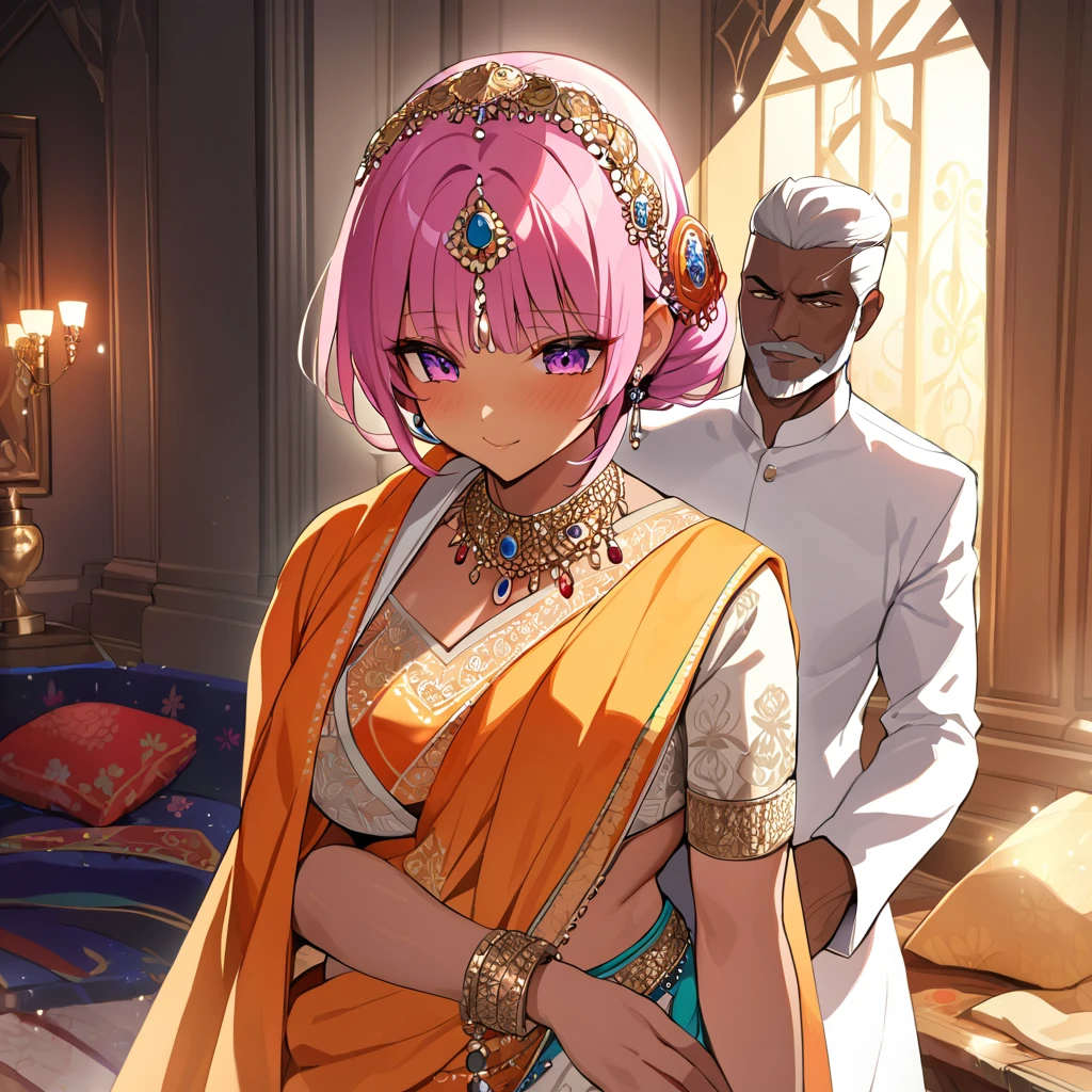 ((Highest quality)), ((masterpiece)), (detailed), （Perfect Face）、The woman is a Hindu Indian named Momo Belia Deviluke with vivid brown skin and a red bindi on her forehead. She is wearing a gorgeous and dazzling traditional Indian wedding dress, a colorful sari, a gorgeous and colorful thottu, a colorful hijab, a bindi, a gorgeous hair ornament, gorgeous jeweled accessories, and an engagement ring, in a luxurious Indian mansion. The woman and the man are in a luxurious palace, and the woman is being held by a middle-aged Indian man with a muscular beard and wearing Indian traditional clothing, who is showing off his gorgeously dressed and beautiful wife to others, as he brags about her.、The woman is an elegant Momo Belia Deviluke with pink hair, short bob hair, wearing a colorful sari and a colorful hijab, bright brown skin, a red bindi on her forehead, and a Hindu Indian Momo Belia Deviluke.、（The woman is Momo Belia Deviluke, a dark-skinned Indian.）、The man is a dignified, muscular, bearded, middle-aged Hindu Indian man wearing traditional Indian clothing.