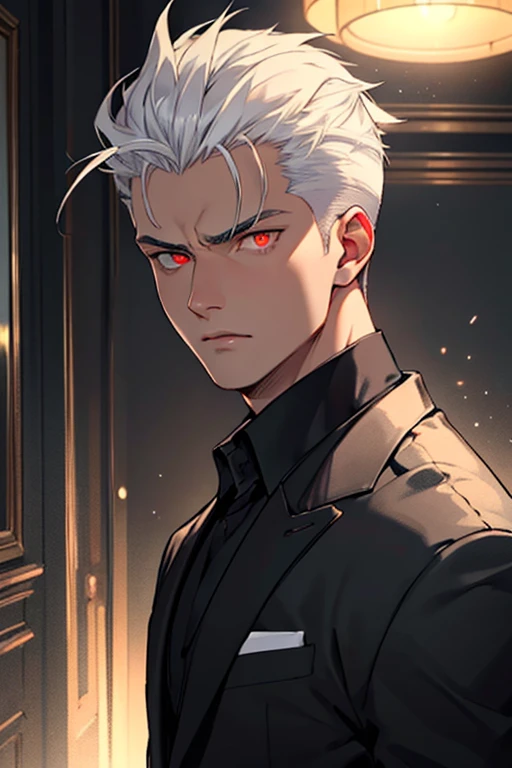 ((best quality)), ((masterpiece)), (detailed), perfect face, appears human, young man, slicked back white hair, glowing red eyes, wearing a black suit, stoic expression, background is a living room