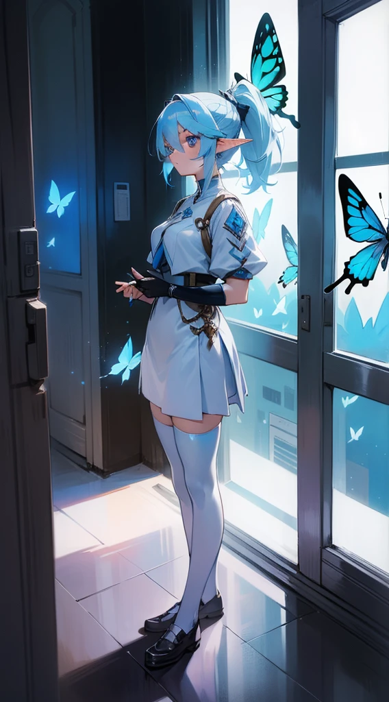 1womanl,standing alone,40s,serious face,teacher clothes,white outfit,average , hair light blue,bangss,Ponytail hair,blue colored eyes, mature woman,elf ears,cups,Standing in the window,nighttime city,luminous blue butterfly wing