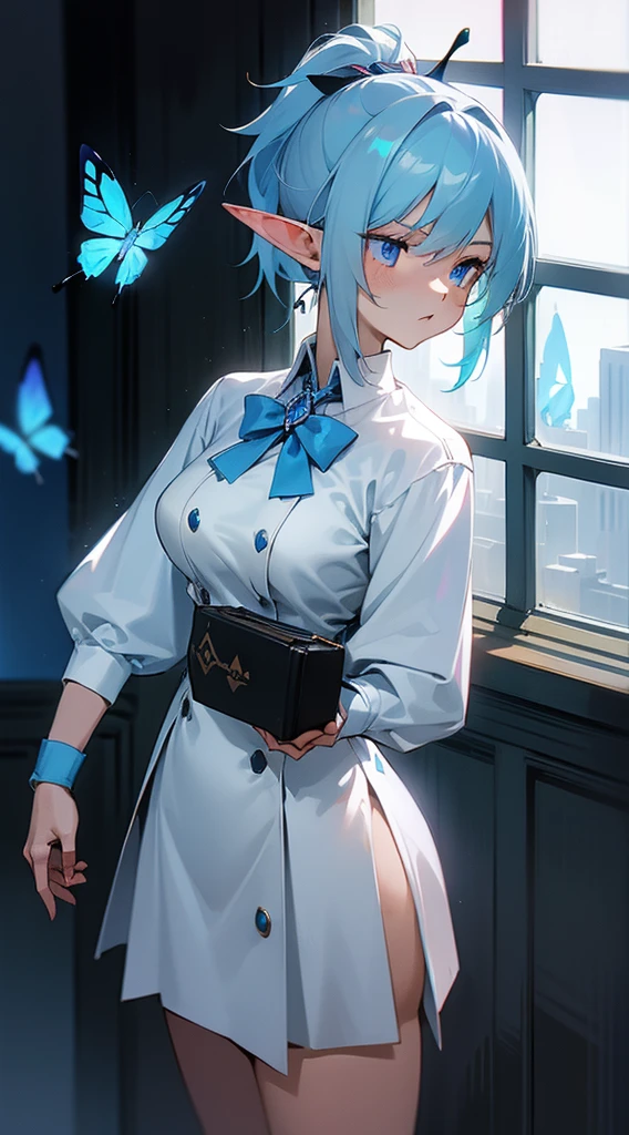 1womanl,standing alone,40s,serious face,teacher clothes,white outfit,average , hair light blue,bangss,Ponytail hair,blue colored eyes, mature woman,elf ears,cups,Standing in the window,nighttime city,luminous blue butterfly wing
