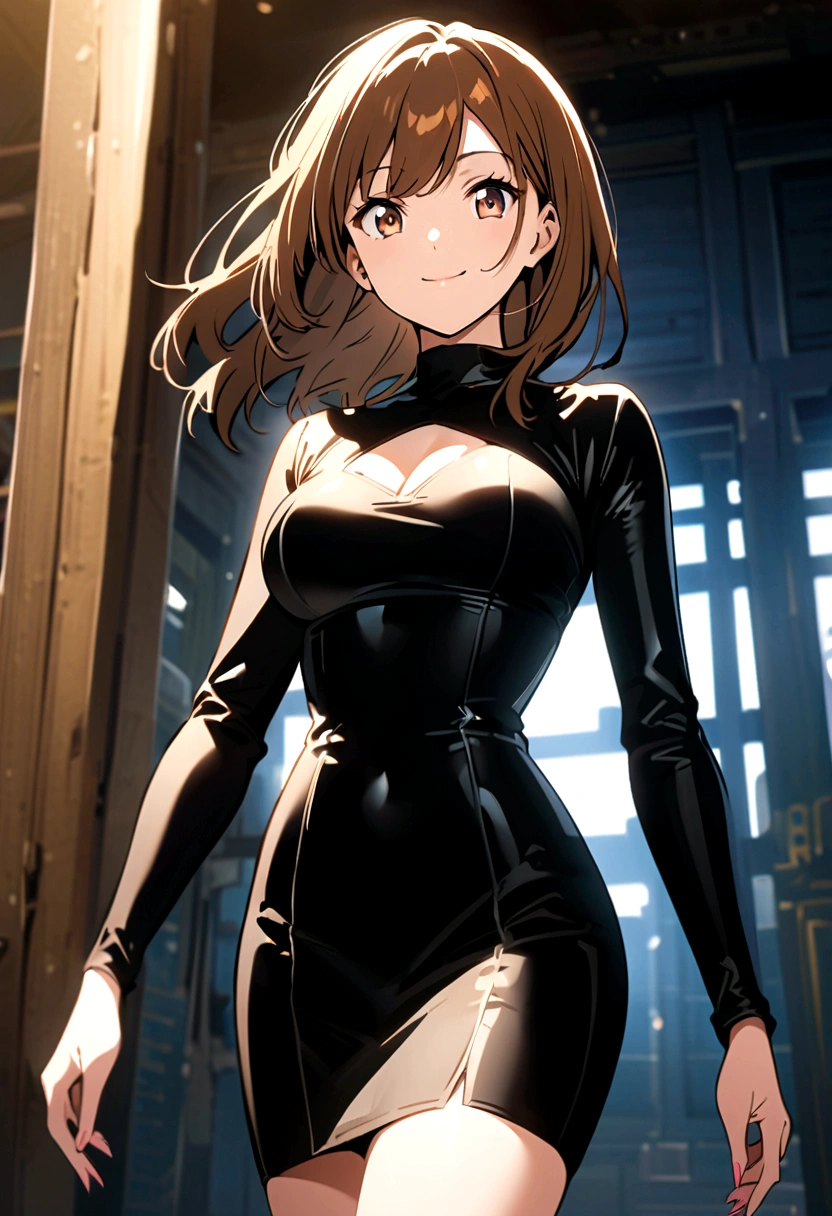  anime girl with brown hair black bodycon dress with long sleeves and a rectangular neckline with light tanned skin dark brown eyes and smiling