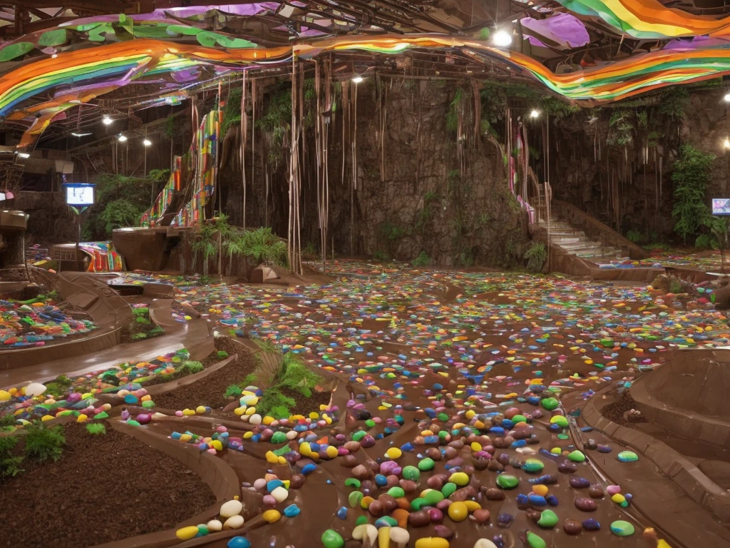 Inside willy Wonka's chocolate factory 
Flowing chocolate rivers and waterfall made of chocolate, grass covered floor resemblance of a peppermint candy texture, other candy and sweets spread throughout the factory. Add a go-kart racetrack made from a candy strip rainbow color with sugar sprinkles ontop, and gummi bears playing in the chocolate factory 