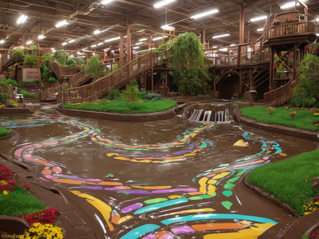 Inside willy Wonka's chocolate factory
Flowing chocolate rivers and waterfall made of chocolate, grass covered floor resemblance of a peppermint candy texture, other candy and sweets spread throughout the factory. Add a go-kart racetrack made from a candy strip rainbow color with sugar sprinkles ontop, and gummi bears playing in the chocolate factory