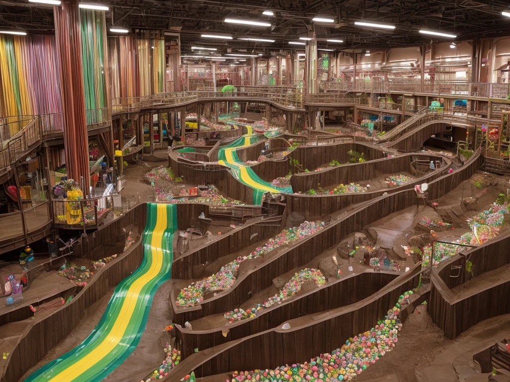 Inside willy Wonka's chocolate factory
Flowing chocolate rivers and waterfall made of chocolate, grass covered floor resemblance of a peppermint candy texture, other candy and sweets spread throughout the factory. Add a go-kart racetrack made from a candy strip rainbow color with sugar sprinkles ontop, and gummi bears playing in the chocolate factory