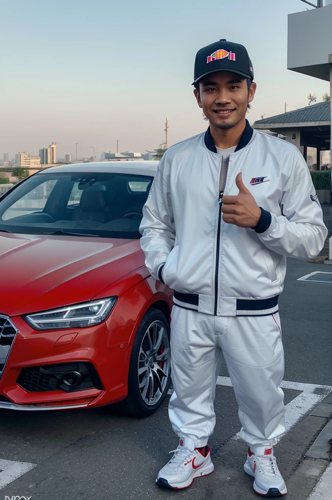 Hyper realistic 4d caricature of medium head, Handsome Indonesian man 30yo, clean bright round face, silent smile , wearing a RedBull hat, motgp jacket, MotoGP pants,white Nike shoes,standing leaning against the newest futuristic bright red Audi luxury car, Plat number "R 1 AN" and a neon diamond logo, right hand holds the cellphone, left hand gives a thumbs up, morning on the outskirts of Jakarta with several high-rise buildings in the background, clear blue sky, UHD picture