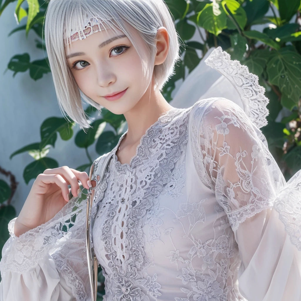 1girl, 12 years old, Japanese, incredibly ultra cute, neat and clean, happy smile, detailed charming eyes, detailed face, (laced onepiece, ultra slender, incredibly white and beautiful skin, short silver hair:1.75), (best quality,4k,8k,highres,masterpiece:1.5),ultra-detailed,(realistic,photorealistic,photo-realistic:1.37),highly detailed,intricate details,vibrant colors,soft lighting,beautiful scenery,delicate features,cute expression,elegant pose