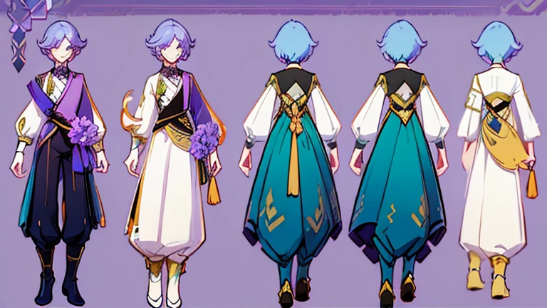 (Masterpiece, best quality), detailed, 1 woman, ((character concept art)), ((character design sheet, same character, front, side, back)), full body, body complete, 1 female, 1 women. Detailed face, character design sheet full body, Highly detailed, character sheet, character design, Many parts, pale skin, green eyes, short purple hair, male hairstyle, short male hair, lavender flower, lavender flower reference, lavender flower character reference, lavender flower inspired, male clothes, flat chest, Solarpunk, Solarpunk reference, Solarpunk inspired outfit, pants, white, gold, lavender, moss green, cyan.
