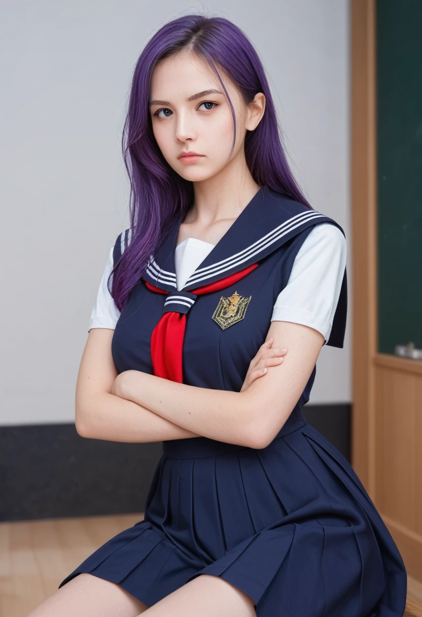 A man in a sailor suit、An 18-year-old young woman with long purple hair sits in a classroom (School 1.5 In the background) (Serious expression, Cold 1.5) (best quality: 1.1) (masterpiece: 1.3) with an unparalleled masterpiece, Surreal 8K, Perfect work of art, Super Detail, best quality, masterpiece 4K wallpaper aesthetics, masterpiece, Award-winning works, Official Art, light