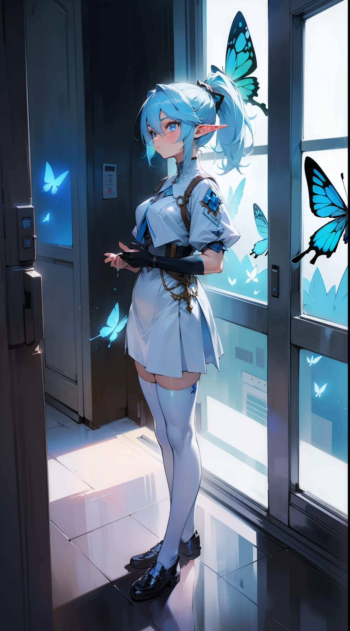 1womanl,standing alone,40s,serious face,teacher clothes,white outfit,average , hair light blue,bangss,Ponytail hair,blue colored eyes, mature woman,elf ears,cups,Standing in the window,nighttime city,luminous blue butterfly wing