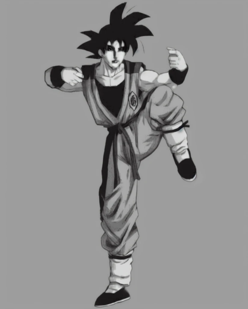 Realistic cinematic art of son Goku doing a kick pose, abstract expressionism style, realistic visuals, detailed cenematic visuals, dark tone, realistic outfit in abstract expressionism art style