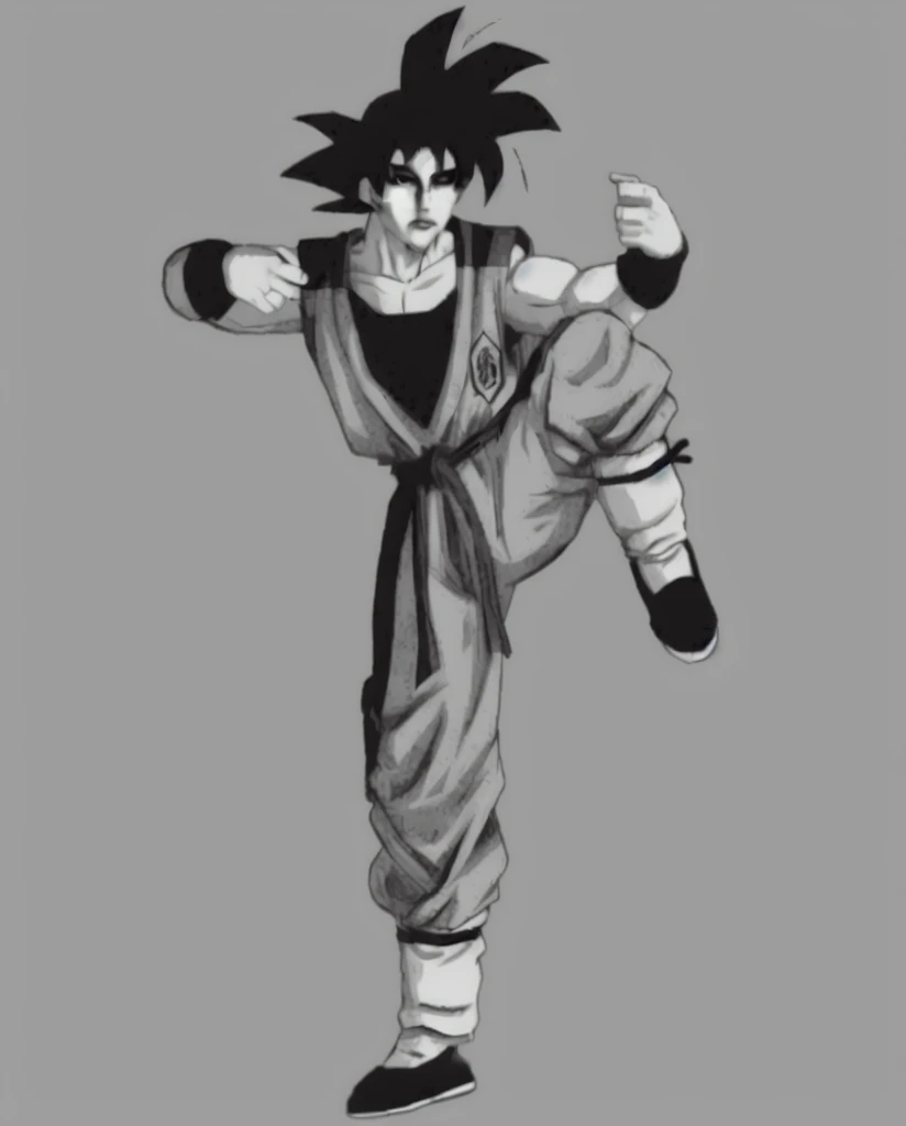Realistic cinematic art of son Goku doing a kick pose, abstract expressionism style, realistic visuals, detailed cenematic visuals, dark tone, realistic outfit in abstract expressionism art style