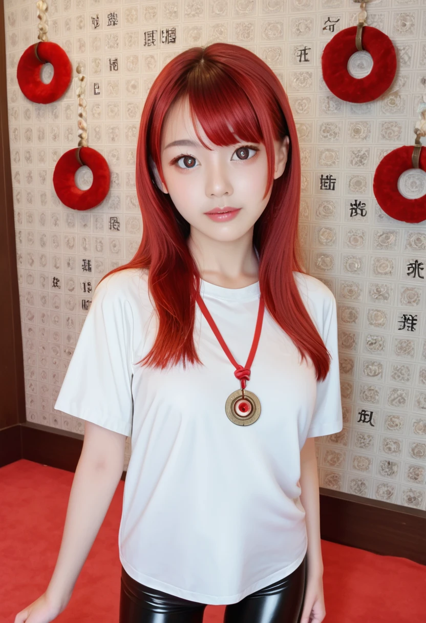 2D, masterpiece, best quality, Japanese cartoons, Highly detailed face, Very detailed eyes, Very detailed background, Perfect lighting, 1 Girl, Solitary, whole body, permanent, Latex Leggings, White shirt, Red hair, amulet