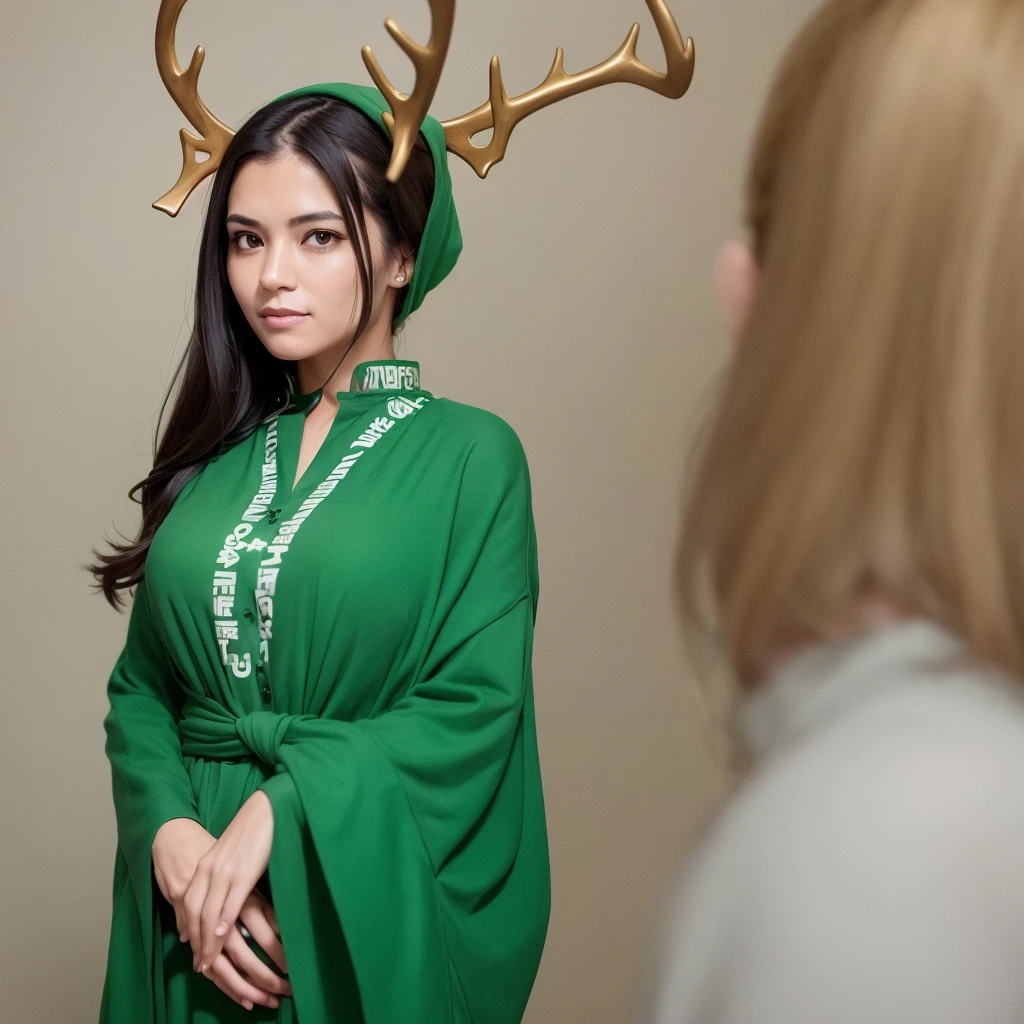 Generate an image of a female public relations activist with a serious expression, standing upright and facing directly forward in a chest-up portrait style, resembling a passport photo. She is wearing green clothing and has antlers growing from her head. Ensure the background is simple to highlight her presence.