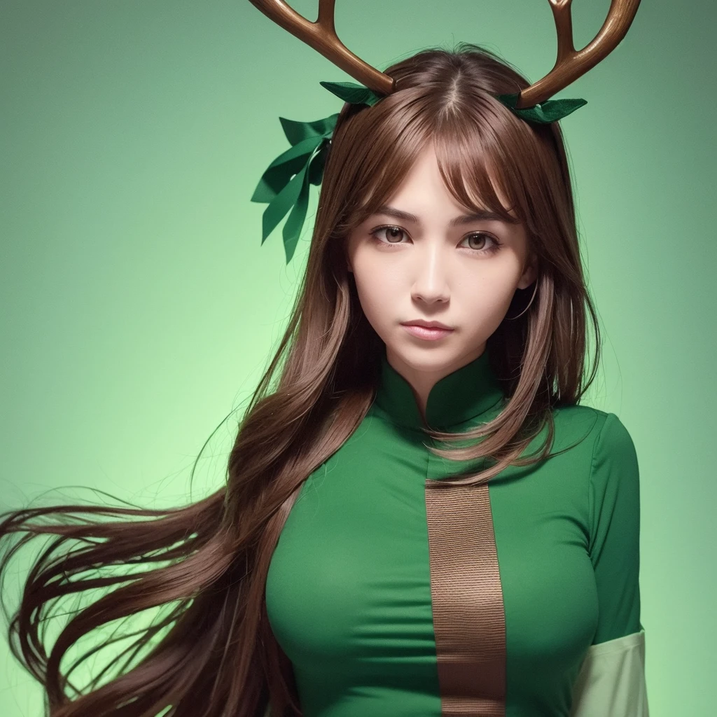 Generate an image of a female public relations activist with a serious expression, standing upright and facing directly forward in a chest-up portrait style, resembling a passport photo. She is wearing green clothing and has antlers growing from her head. Ensure the background is simple to highlight her presence.