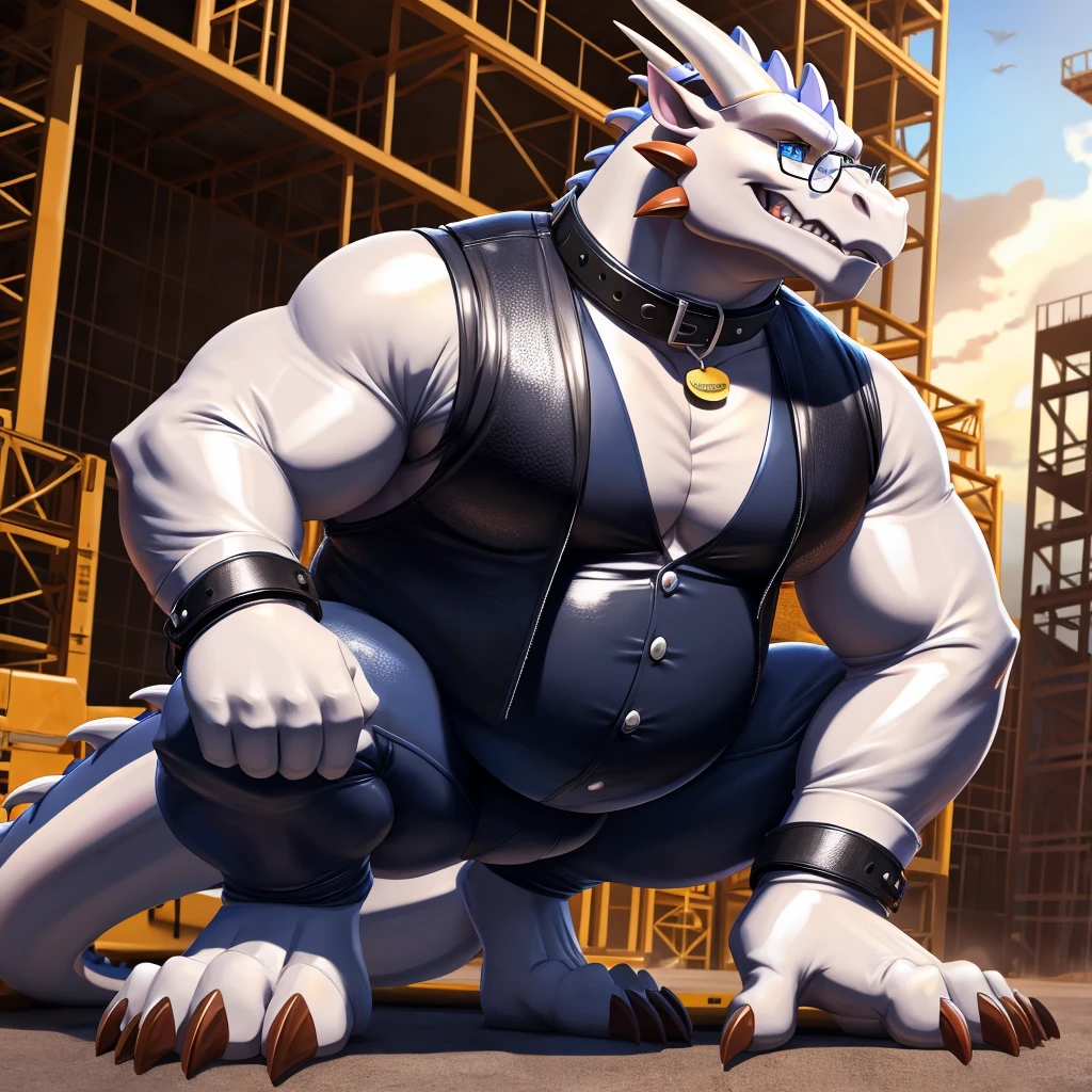 Solo, Male, fat, squatting, extremely obese, Dragon, blue eyes, (soft shading), 4k, hi res, ((detailed face, detailed)), looking at viewer, evil grin, construction site, safety vest, construction vest, male focus, glasses, monocle, vest with buttons, Dragon is wearing a glossy leather dog collar around the neck, Dragon is wearing the leather collar and vest at the same time, Dragon is wearing glossy white rubber gloves on the hands, wearing white rubber gloves on the feet, Dragon is wearing glossy white cuffs around the wrists with cufflinks, gloves are rubber in texture, clenching teeth, clenching fists, leather collar is glossy and shiny with a lot of detail, Dragon is wearing gloves and cuffs and cufflinks at the same time, leather collar has a round dog-tag, leather collar is thick and detailed.