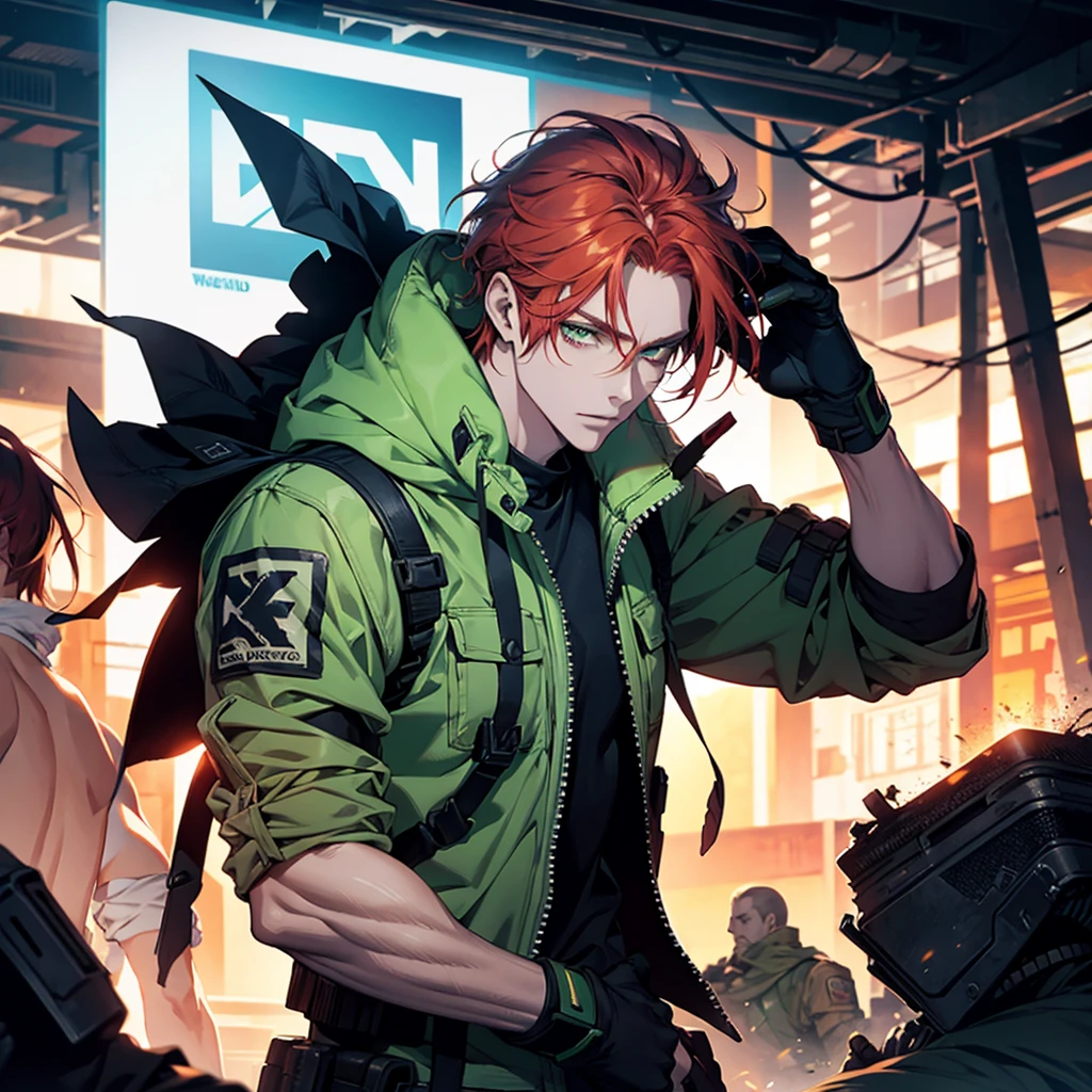 1 chico, redhead, high, muscular, White skin, parts, green eyes, postapocalyptic world, technology, deaf, Neon colors