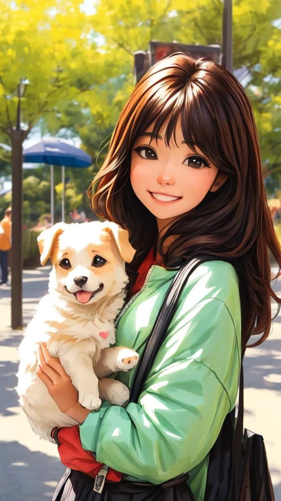 A girl holding a cute puppy is smiling brightly. park background