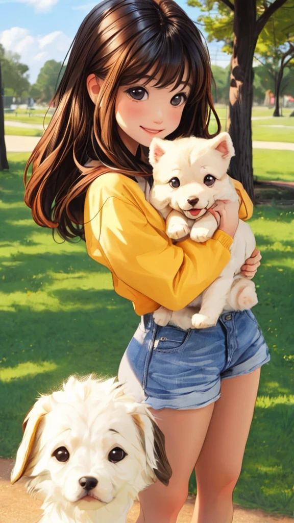 A girl holding a cute puppy is smiling brightly. park background