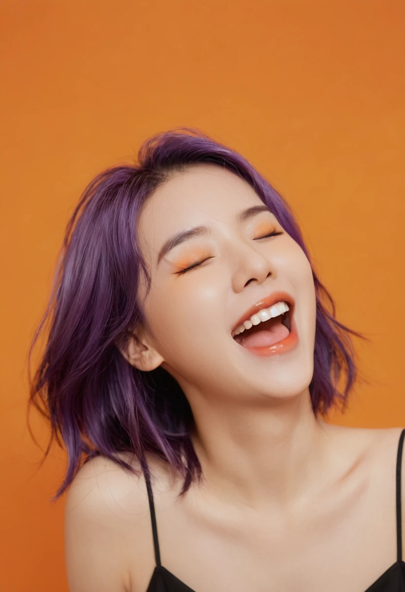 raiden shougn, purple hair, closed eyes, a girl laughing, open mouth, with an orange background, portrait