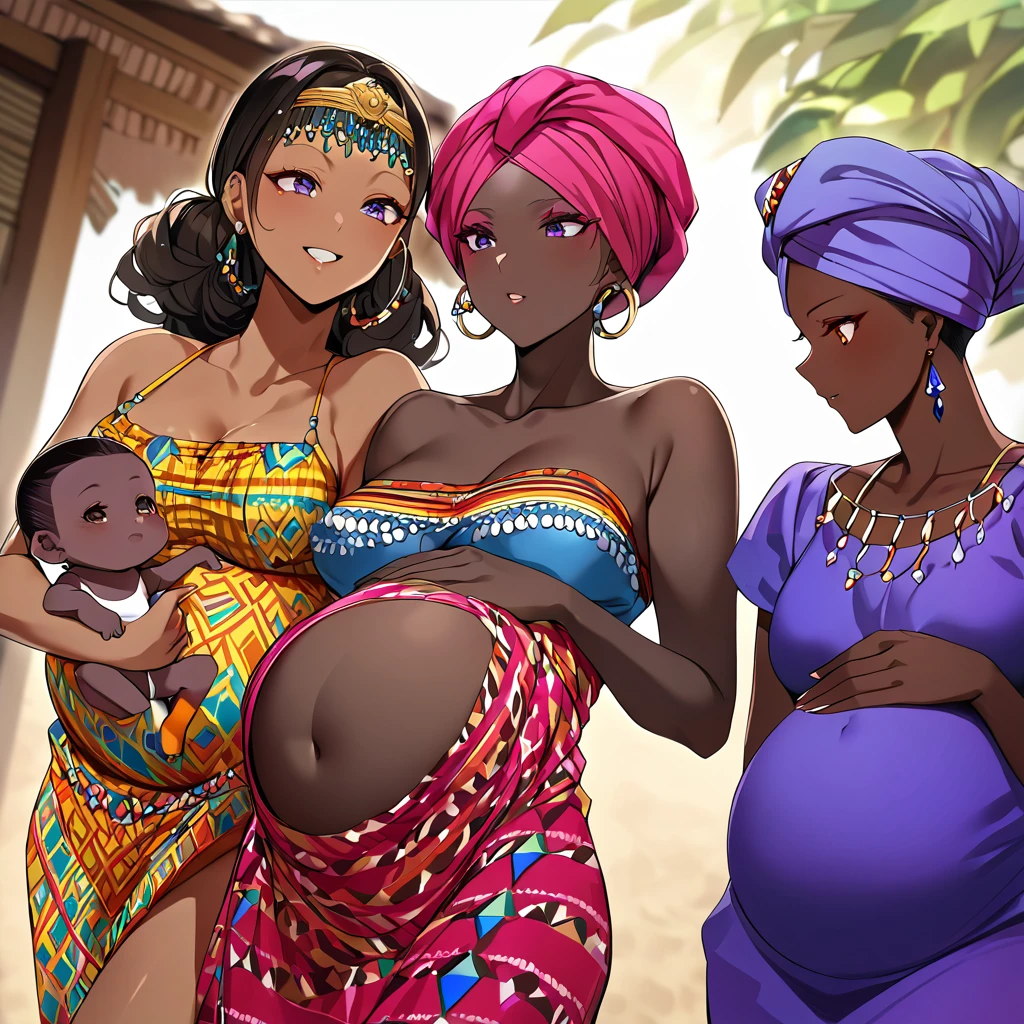 ((Highest quality)), ((masterpiece)), (detailed), （Perfect Face）、The woman is Momo Belia Deviluke, a Ghanaian by birth, with a vibrant dark skin, black by birth, and is wearing a vibrant Ghanaian dress, a vibrant turban head scarf, gorgeous jeweled accessories, and an engagement ring.、The woman is the elegant Momo Belia Deviluke, with short pink bob hair, wearing a colorful Ghanaian dress and a colorful turban head scarf, with vivid dark brown skin, a natural-born black and Ghanaian, Momo Belia Deviluke.、（The woman is a black Ghanaian with vivid dark brown skin.）、The woman is chatting with other village girls while babysitting in a village in Ghana.、The women are pregnant、The women are holding their baby daughters