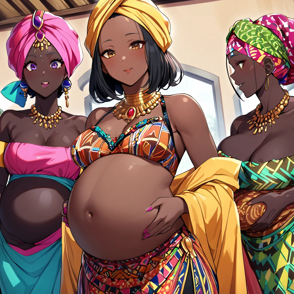 ((Highest quality)), ((masterpiece)), (detailed), （Perfect Face）、The woman is Momo Belia Deviluke, a Ghanaian by birth, with a vibrant dark skin, black by birth, and is wearing a vibrant Ghanaian dress, a vibrant turban head scarf, gorgeous jeweled accessories, and an engagement ring.、The woman is the elegant Momo Belia Deviluke, with short pink bob hair, wearing a colorful Ghanaian dress and a colorful turban head scarf, with vivid dark brown skin, a natural-born black and Ghanaian, Momo Belia Deviluke.、（The woman is a black Ghanaian with vivid dark brown skin.）、The woman is chatting with other village girls while sitting in a village in Ghana.、The women are pregnant、The women are holding their babyghters