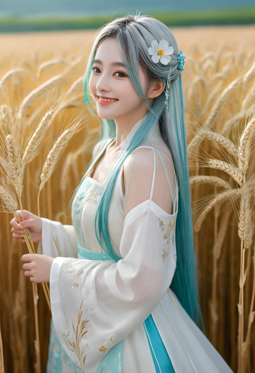 masterpiece, best quality, ultra highres, detailed illustration, portrait, detailed, 1girl standing in wheat field, solo, long hair, dress, flower, white hanfu, smile, full body, white flower, bare shoulders, very long hair, aqua hair, closed mouth, facing viewer, bangs,