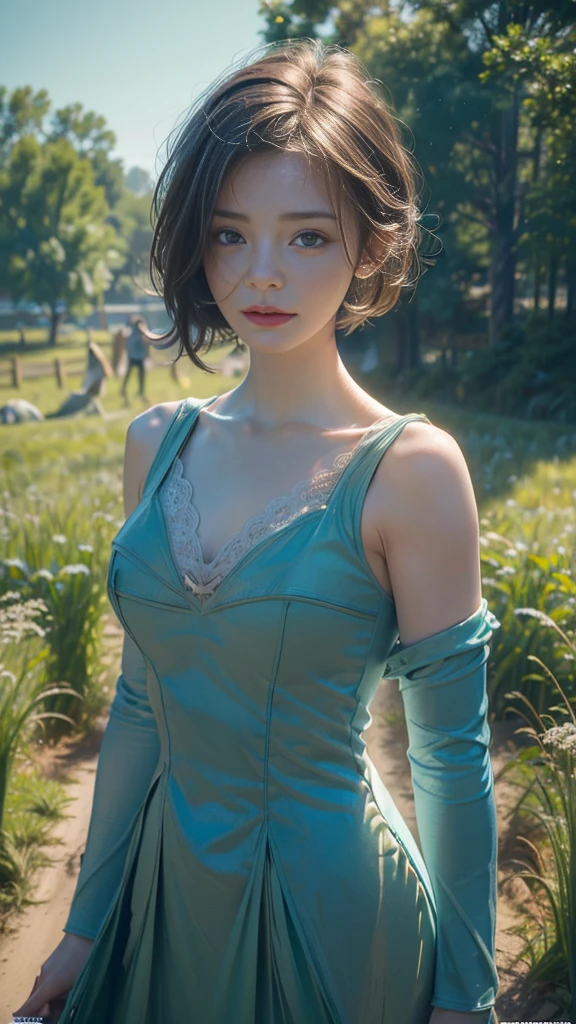 (((masterpiece))),(((best quality))),((ultra-detailed)), ultra realistic,32k, detailed beautiful skin, look at the viewer, raw photo, film scene, portrait, (1girl), (green field:1.2), blue, (film overlay, film grain:1.3), (high contrast, dim light)
short hair, arms_behind_back