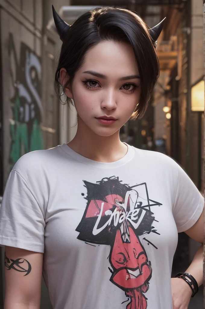 aesthetic ,  punk, demon, horns,  outdoors, alley, night, graffiti, t-shirt,  solo,  dutch angle,  g0thicPXL,  (big lips:0.6), (close up:1.2), portrait, medium breasts, smug, smirk, skinny, pov, leaning toward viewer, realistic