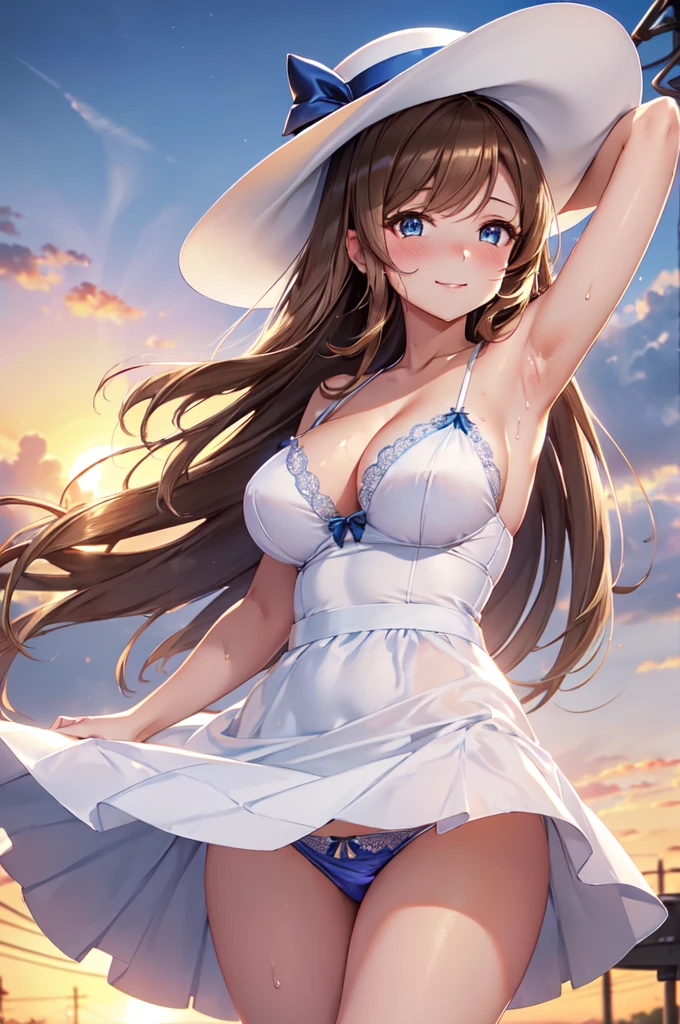 satin, silk, ((blue panty)), (High quality, High resolution, Fine details), setting sun, Backlight, A straight stretch of railroad track, White Dress, White Hat, solo, curvy women, light brown hair, sparkling eyes, (Detailed eyes:1.2), smile, blush, Sweat, Oily skin, shallow depth of field, Fantastic
