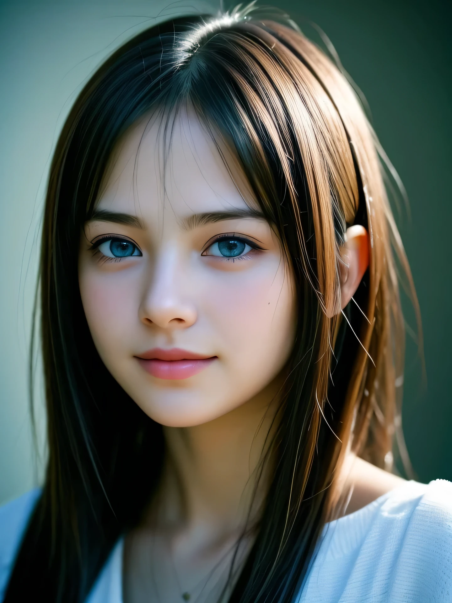 (Photo Real:1.4), (hyper realisitic:1.4), (Smooth lighting:1.05), 1 girl, ager, blue eyes, happy, shy, smile, looking away, Close-up of the face, Soft lighting, Back lighting, (Finest Real Textured Skins), Super fine face, glowy skin, retinas, Anatomically correct, (medium Hair:1.1), bangs, Textured skin, High quality, high details, Best Quality, High resolution,