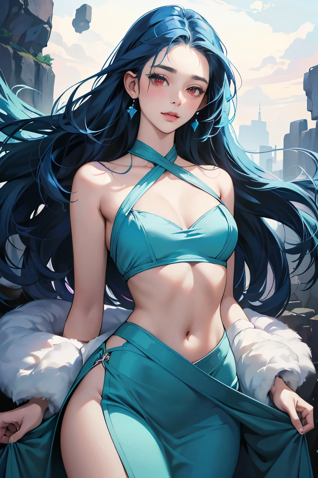 In the realm of realistic art, there exists a captivating image of a single curvaceous girl with blue hair, adorned with red eyes that seem to glow with an otherworldly allure. She is dressed in a cropped top, its plunging neckline revealing just enough to tantalize the viewer's imagination. The top is paired with a high-waisted skirt, expertly tailored with a side slit that accentuates her feminine curves.

The girl's lips are parted ever so slightly, as if she is about to speak or smile, and her cheeks are kissed with a soft blush, adding to her ethereal beauty. The scene is set