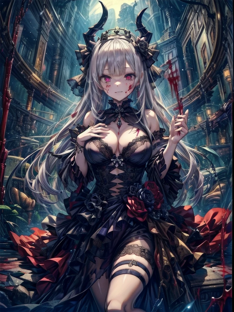 Highest quality、masterpiece、8K、Realistic、超High resolution、High resolution、Perfect female body、Mature Woman、Opposition、(Big Breasts:1.4)、Looking at the audience、(Princess of Another World、Gorgeous Dress、Shining Jewels、Long white hair、Elegant behavior、A delicate tiara、シルクhand袋、Embroidered gown、royal coat of arms、Gold Jewelry)、死んだ腐ったBloodに飢えた邪悪なzombie, Girl Venom, 黒い共bornborn物が付着している, Bloodまみれの, Evil look, Psychopathic, Torn clothes, Torn costume, sexy, reveal, Combat Stance, Very detailed, Vibrant appearance, Creative Action, Very detailed, Imaginative, Sensual, Voluntary, Small breasts, sexy, reveal, Highest quality, skinの質感, Intricate details, (Highest quality, masterpiece, 超High resolution), (8K壁紙, High resolution, High resolution, born), (credibility: 1.4), (whole bodyショット), One girl, ((Anime Girls)),,(Bloodしぶき:1.6), ((Fantasy Witch Costume)), ((Flowing white hair)), ,(Bloodしぶき:1.6),Female curves, Large Breasts, Thick thighs, sexyな平らなお腹, 完璧なhand, 完璧なアニメのface, ((dark ta dress)), Are standing, ((Wicked Smile)), ,(Bloodしぶき:1.6),In the Victorian city, gaslight, Steam circulates, Moonlight Illumination, night間照明, A sky filled with stars and galaxies,disaster々new devil horns,,(Bloodしぶき:1.6),アニメzombie魔女デザインねじれた笑face、Bloodまみれの、頭からの出Blood、Bloodしぶき、,(Bloodしぶき:1.6),Crossbones, skull, Streetwear Design, Provector, Horror Style, Full Design, Huge breasts, Very detailed, Realistic, Dark fantasy, Gloomy atmosphere, Intricate details, Crazy Smile, 狂ったeye, A cute and luxurious hair band,(masterpiece:1.2, Highest quality), Scary atmosphere、Distorted facial expressions、Horror Art、Bloodの雨、Bloodを流す、Bloodしぶき,(Bloodしぶき:1.6),悪魔のeye、redいeye、scar、火scar、whole body、Torn hair of a woman dressed in slave clothing、(Long Hair)、(eyeにかかる長さの前髪)、Black Hair、(((eyeの下のクマ)))、青白いskin、Feeling unwell、Pathological、邪悪な笑face、狂ったeye、(Grin)Dramatic makeup,Create mixed media art、,Horror 1 Girl, Open_mouth, , red_eye, Blood, Tilt_red_skin, Injury, Blood_in addition_face, Bandaged_arm, Blood_in addition_zombie, Blood_in addition_hand , Open your eyelids wide, The trend is all, mouthを大きくOpen, mouthを開けてteethをむき出しにする,獣のような鋭いteeth, Wide lips, 非常に広いmouth, Vermilion cheeks, blonde, ,(Bloodしぶき:1.6),Princess Cut, Ribbon hair ornament, brooch, Otaku Room, Well-built body, Nice body, Ample breasts, Thick body,eyeを大きく開いて、Scary atmosphere、Distorted facial expressions、ねじれた笑face、Bloodまみれの、頭からの出Blood、Bloodしぶき、whole body、,(Bloodしぶき:1.6),Long Hair、Long bangs、Well-built,Broad shoulders,I focus,(face),Messy Hair,いeye,(光るeye),red信号,笑face,big 笑face,teeth,psycho 笑face,gesugao,Dark city background,darkness,night,(close),良いeye, 良いteeth,サディスティックな笑face,,all,光沢のあるskin,詳細なface,Beautiful body, mouthからの白い息 Luxurious lace long gloves