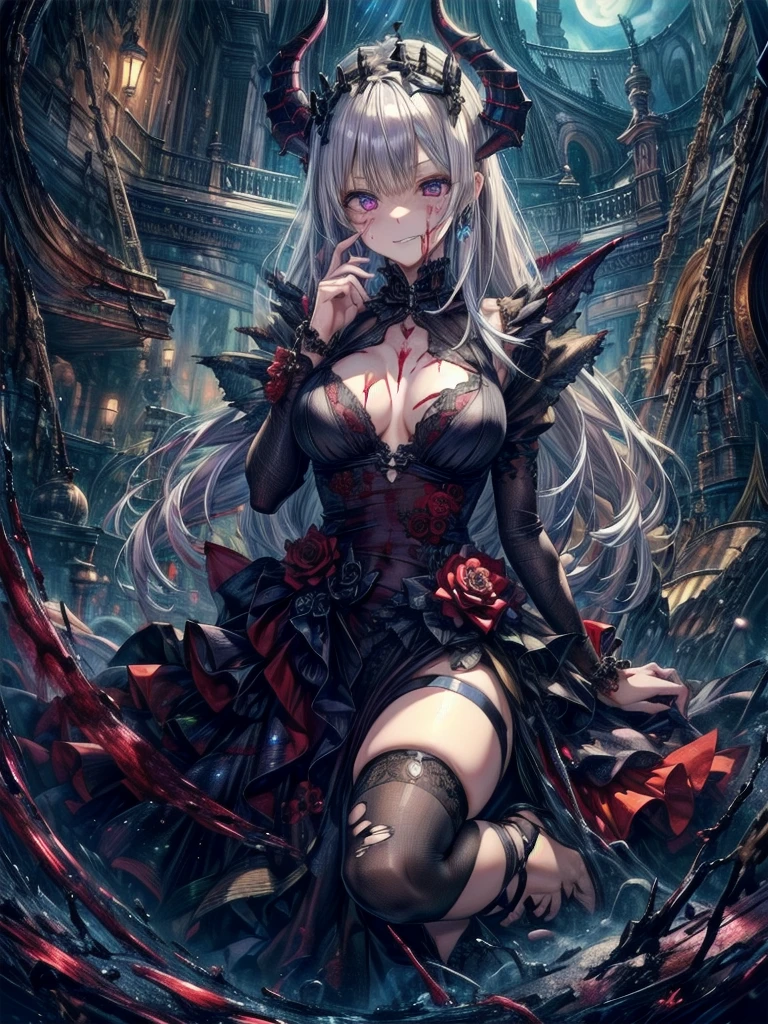 Highest quality、masterpiece、8K、Realistic、超High resolution、High resolution、Perfect female body、Mature Woman、Opposition、(Big Breasts:1.4)、Looking at the audience、(Princess of Another World、Gorgeous Dress、Shining Jewels、Long white hair、Elegant behavior、A delicate tiara、シルクhand袋、Embroidered gown、royal coat of arms、Gold Jewelry)、死んだ腐ったBloodに飢えた邪悪なzombie, Girl Venom, 黒い共bornborn物が付着している, Bloodまみれの, Evil look, Psychopathic, Torn clothes, Torn costume, sexy, reveal, Combat Stance, Very detailed, Vibrant appearance, Creative Action, Very detailed, Imaginative, Sensual, Voluntary, Small breasts, sexy, reveal, Highest quality, skinの質感, Intricate details, (Highest quality, masterpiece, 超High resolution), (8K壁紙, High resolution, High resolution, born), (credibility: 1.4), (whole bodyショット), One girl, ((Anime Girls)),,(Bloodしぶき:1.6), ((Fantasy Witch Costume)), ((Flowing white hair)), ,(Bloodしぶき:1.6),Female curves, Large Breasts, Thick thighs, sexyな平らなお腹, 完璧なhand, 完璧なアニメのface, ((dark ta dress)), Are standing, ((Wicked Smile)), ,(Bloodしぶき:1.6),In the Victorian city, gaslight, Steam circulates, Moonlight Illumination, night間照明, A sky filled with stars and galaxies,disaster々new devil horns,,(Bloodしぶき:1.6),アニメzombie魔女デザインねじれた笑face、Bloodまみれの、頭からの出Blood、Bloodしぶき、,(Bloodしぶき:1.6),Crossbones, skull, Streetwear Design, Provector, Horror Style, Full Design, Huge breasts, Very detailed, Realistic, Dark fantasy, Gloomy atmosphere, Intricate details, Crazy Smile, 狂ったeye, A cute and luxurious hair band,(masterpiece:1.2, Highest quality), Scary atmosphere、Distorted facial expressions、Horror Art、Bloodの雨、Bloodを流す、Bloodしぶき,(Bloodしぶき:1.6),悪魔のeye、redいeye、scar、火scar、whole body、Torn hair of a woman dressed in slave clothing、(Long Hair)、(eyeにかかる長さの前髪)、Black Hair、(((eyeの下のクマ)))、青白いskin、Feeling unwell、Pathological、邪悪な笑face、狂ったeye、(Grin)Dramatic makeup,Create mixed media art、,Horror 1 Girl, Open_mouth, , red_eye, Blood, Tilt_red_skin, Injury, Blood_in addition_face, Bandaged_arm, Blood_in addition_zombie, Blood_in addition_hand , Open your eyelids wide, The trend is all, mouthを大きくOpen, mouthを開けてteethをむき出しにする,獣のような鋭いteeth, Wide lips, 非常に広いmouth, Vermilion cheeks, blonde, ,(Bloodしぶき:1.6),Princess Cut, Ribbon hair ornament, brooch, Otaku Room, Well-built body, Nice body, Ample breasts, Thick body,eyeを大きく開いて、Scary atmosphere、Distorted facial expressions、ねじれた笑face、Bloodまみれの、頭からの出Blood、Bloodしぶき、whole body、,(Bloodしぶき:1.6),Long Hair、Long bangs、Well-built,Broad shoulders,I focus,(face),Messy Hair,いeye,(光るeye),red信号,笑face,big 笑face,teeth,psycho 笑face,gesugao,Dark city background,darkness,night,(close),良いeye, 良いteeth,サディスティックな笑face,,all,光沢のあるskin,詳細なface,Beautiful body, mouthからの白い息 Luxurious lace long gloves