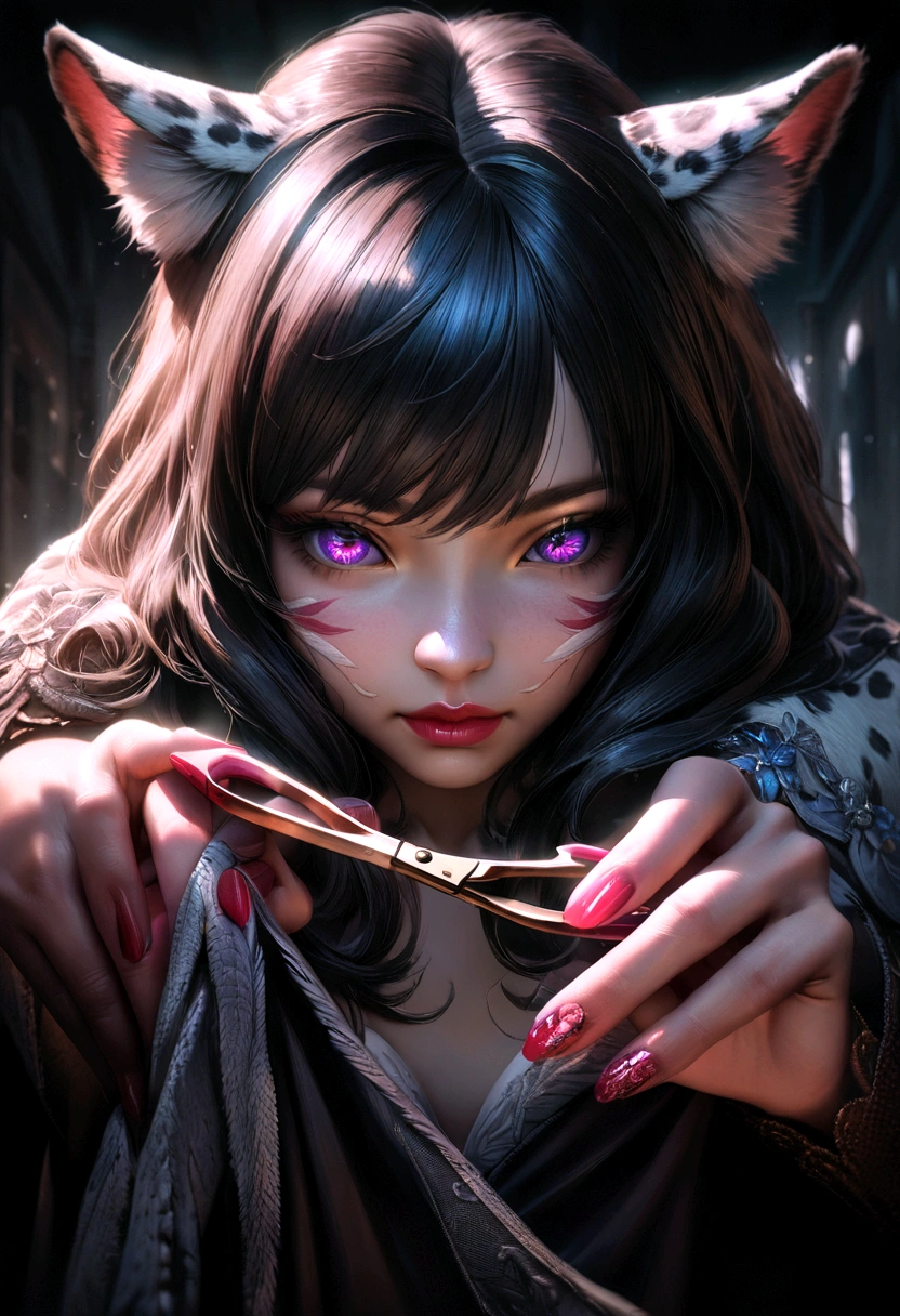 a snow leopard nekomimi girl, cutting her clothes off with scissors, detailed facial features, beautiful detailed eyes, extremely detailed face, detailed hands, detailed nails, detailed clothing, highly detailed, photorealistic, 8k, best quality, masterpiece, hyper detailed, intricate details, vivid colors, dramatic lighting, dark fantasy, cinematic, chiaroscuro, moody atmosphere, dramatic shadows, strong contrasts