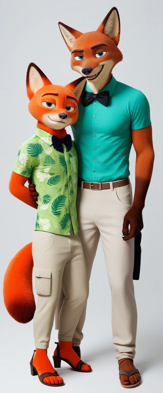 check_9, check_8_up, check_7_up, rating_safe,source_fluffy,antro,source_3d, Nick Wilde, male muscular falcon (fursuit version) looking at viewer gesture of peace and love (standard green Hawaiian shirt,khaki trousers, brown heeled sandals,bow tie,Russia Moscow) (ultra realistic, almost looks like a person) (Blue eyes)