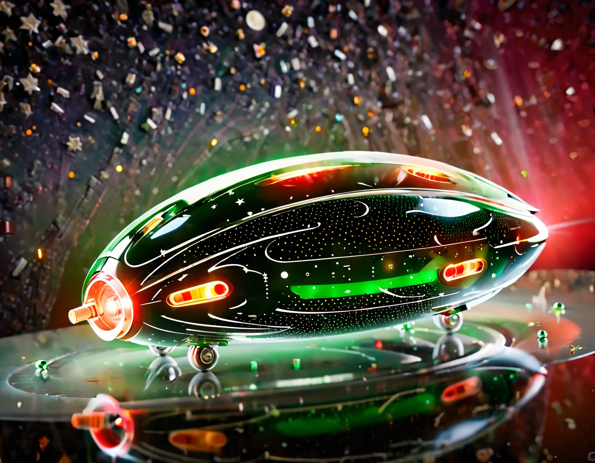 An advanced starship traveling through space, set against a gradient sky of dark green to red with tiny stars. The ship’s sleek design includes a prominent circular front, elongated body, and nacelles, with a metallic finish and bright lights accentuating its futuristic look.