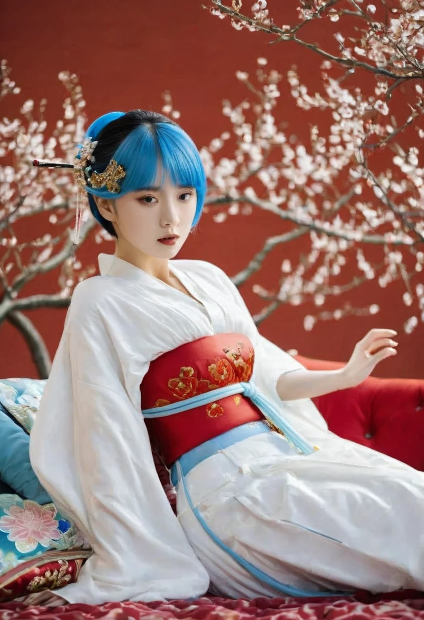 8K　Historical drama style　A beautiful 15-year-old girl with short blue hair　Gorgeous embroidery, Ultra glossy, She is wearing a shiny Heian period princess kimono.　She is made to lie down on a luxurious red floral futon and a thick penis is inserted into her mouth and pussy, causing her to vomit.