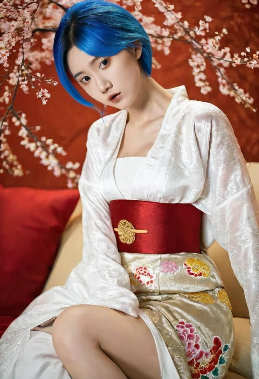 8K　Historical drama style　A beautiful 15-year-old girl with short blue hair　Gorgeous embroidery, Ultra glossy, She is wearing a shiny Heian period princess kimono.　She is made to lie down on a luxurious red floral futon and a thick penis is inserted into her mouth and pussy, causing her to vomit.