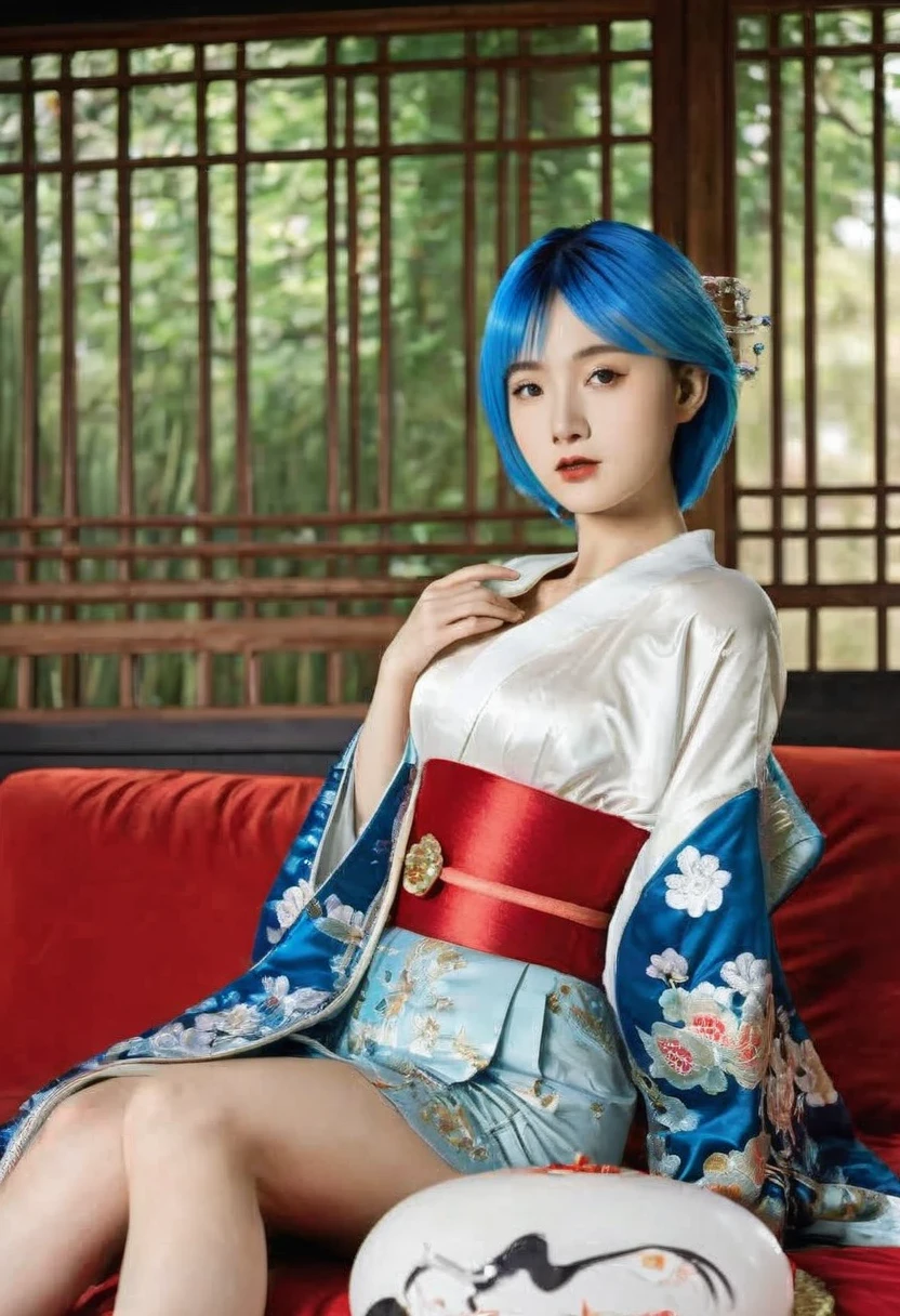 8K　Historical drama style　A beautiful **************** with short blue hair　Gorgeous embroidery, Ultra glossy, She is wearing a shiny Heian period princess kimono.　She is made to lie down on a luxurious red floral futon and a thick penis is inserted into her mouth and pussy, causing her to vomit.