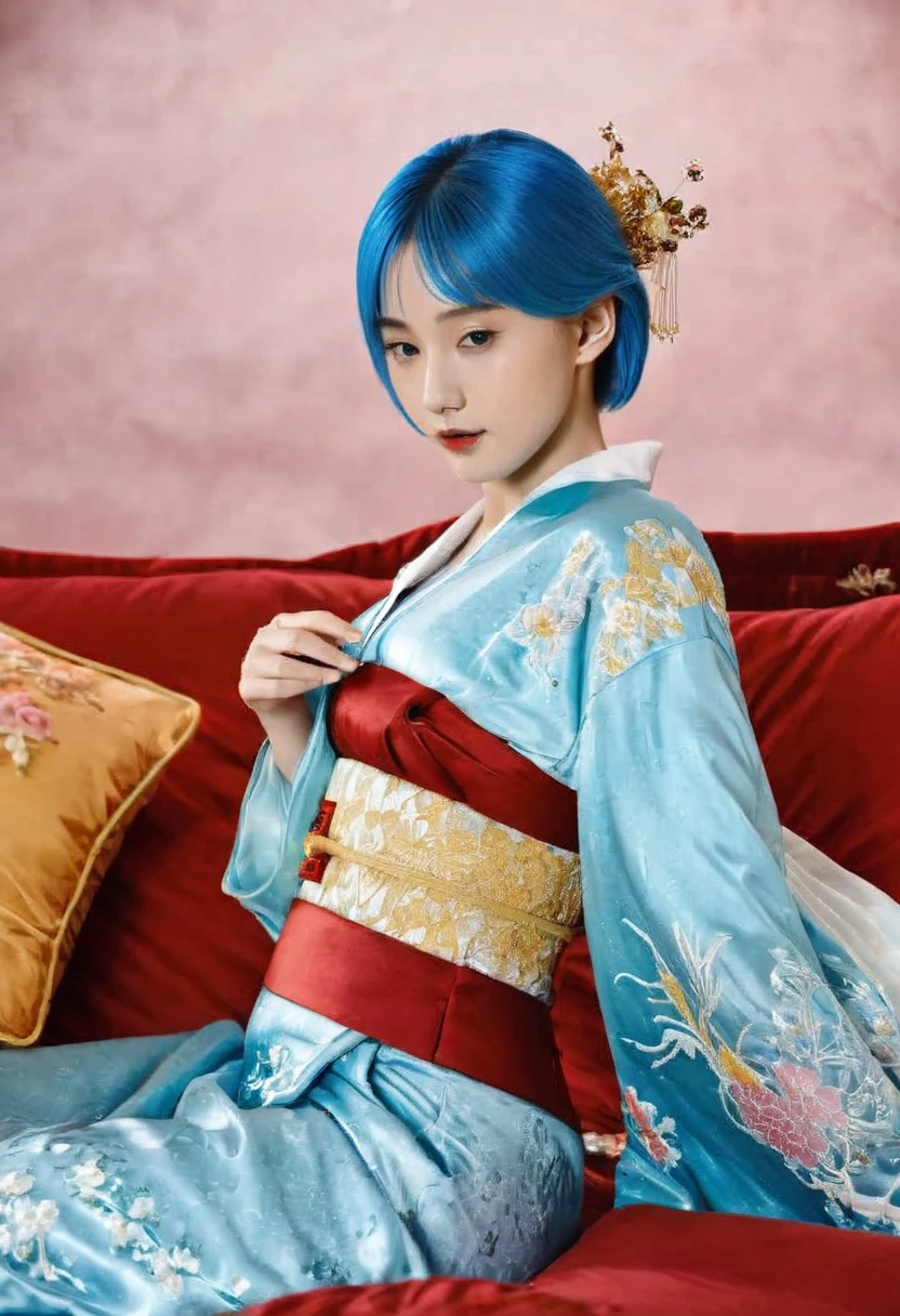 8K　Historical drama style　A beautiful **************** with short blue hair　Gorgeous embroidery, Ultra glossy, She is wearing a shiny Heian period princess kimono.　She is made to lie down on a luxurious red floral futon and a thick penis is inserted into her mouth and pussy, causing her to vomit.